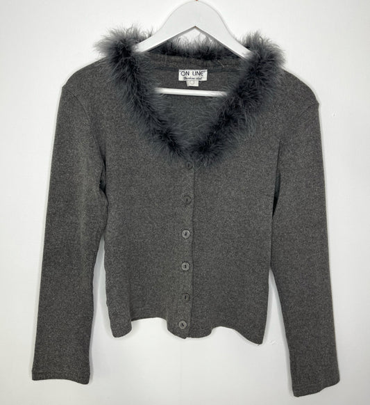 Fluffy Trim Grey Cardigan