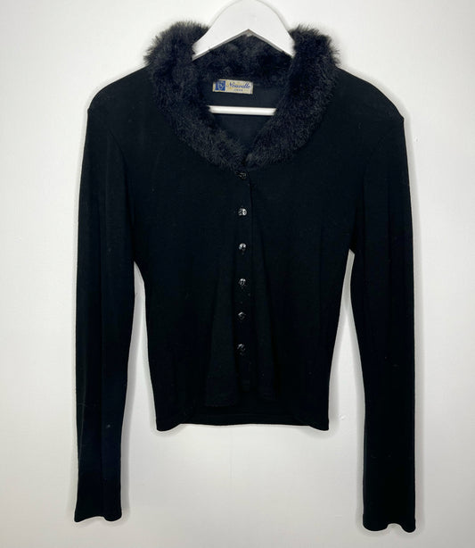 Faux Fur Trim Black Cardigan